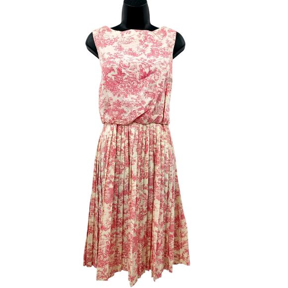 Vintage Toile Pink Cottage Core Pleated Midi Dress - Picture 1 of 7